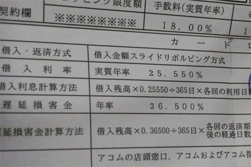 アコムでの借り入れた借金の利率は25.55パーセントで利息制限法上限を超えている